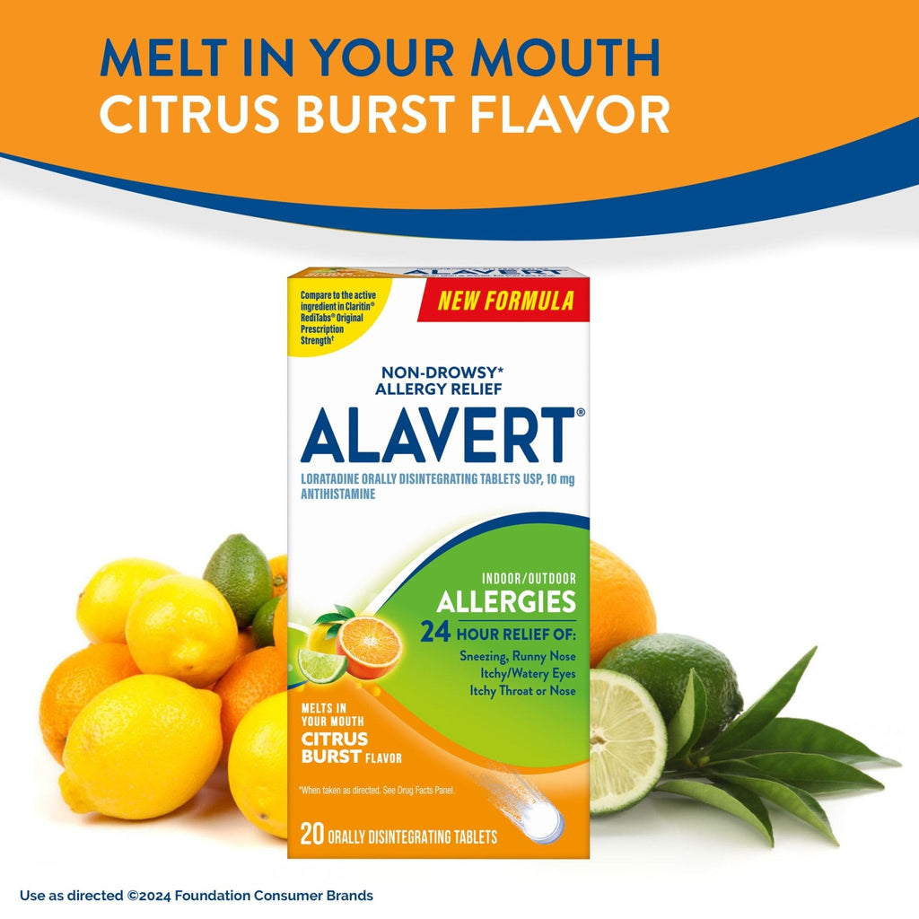 Alavert 24 Hour Allergy Relief Tablets, Non-Drowsy Antihistamine, Orally Disintegrating Allergy Tablets, Loratadine 10 mg, Citrus Burst Flavor, 18 Count - Maple Wellness Supplements