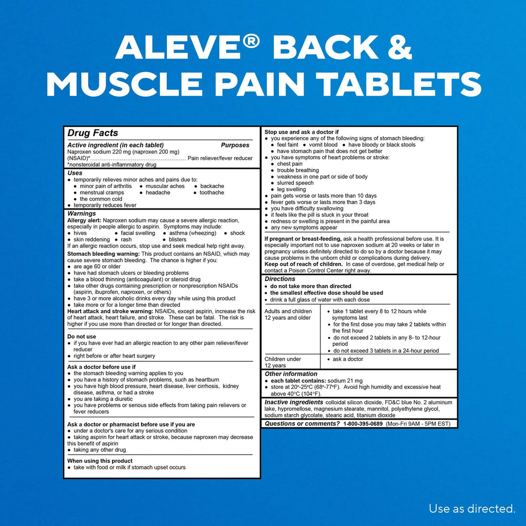 Aleve Back & Muscle Pain Relief Naproxen Sodium Tablets, Pain Reliever & Fever Reducer, Medicine for Body , 250 Count - TrustMedUSA