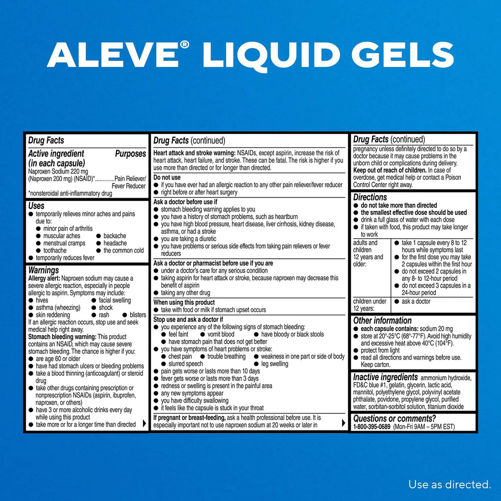 Aleve Liquid Capsules, Naproxen Sodium Capsules 220 mg (NSAID), Pain Reliever/Fever Reducer, Fast Pain Relief, 120 Count - TrustMedUSA