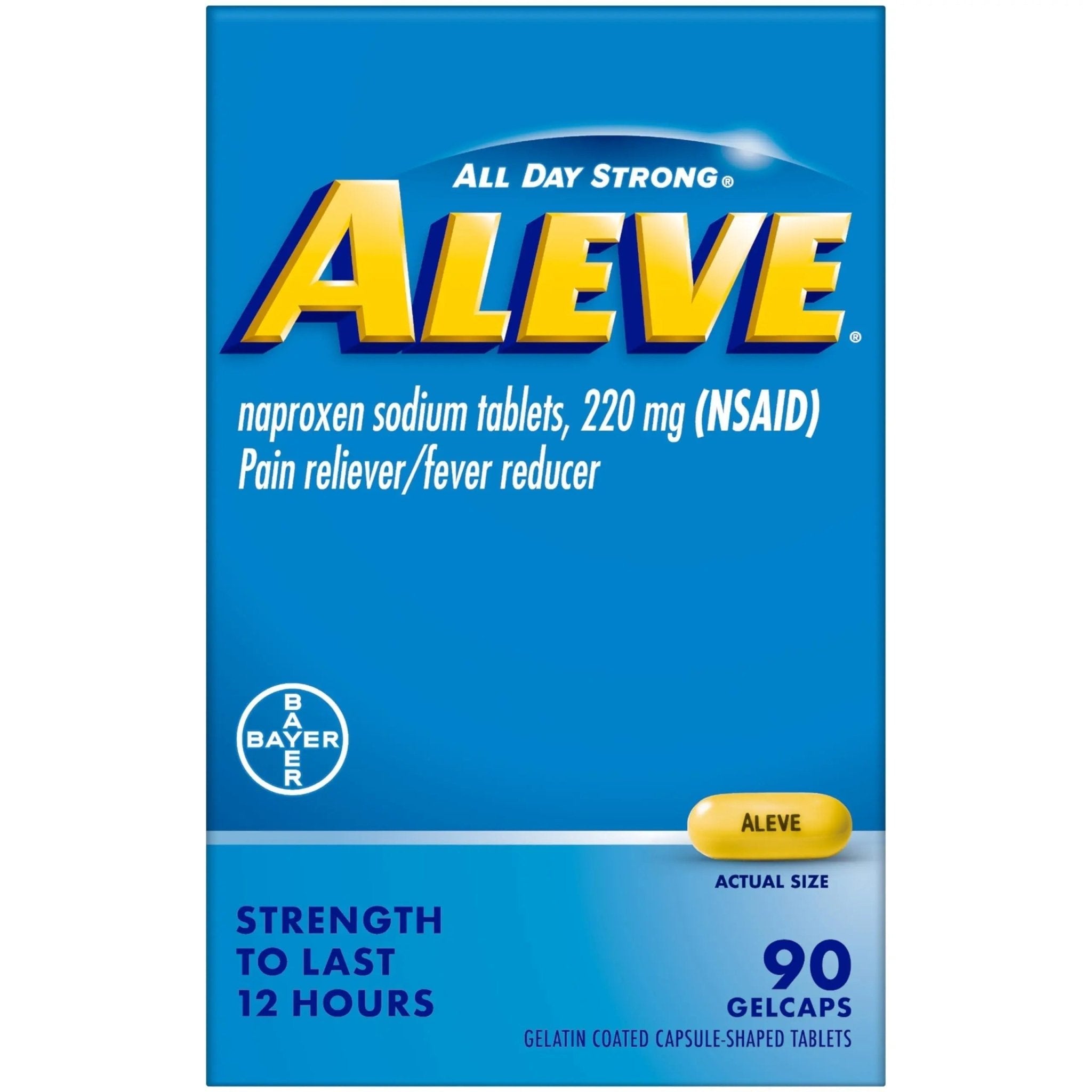 Aleve Pain Reliever & Fever Reducer Gelcaps, Naproxen Sodium, Headache and Back and Body Pain Relief Medicine, for Adults and Children Ages 12 and Up, 90 Count - TrustMedUSA