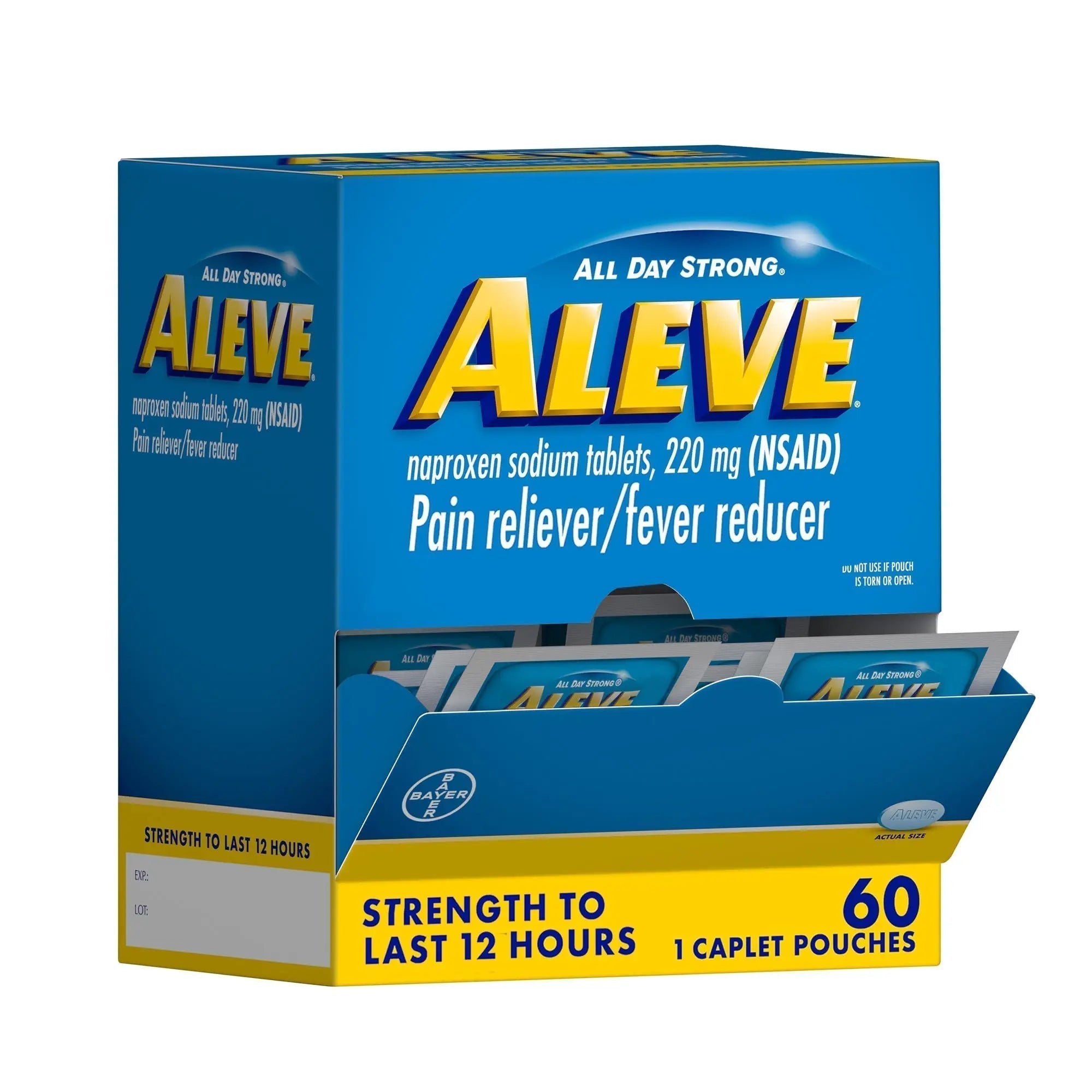 Aleve Pain Reliever & Fever Reducer Naproxen Sodium Caplets, Body and Arthritis Pain Reliever, Medicine for Adults and Children Ages 12 and Up, 60 Individual Pouches - TrustMedUSA