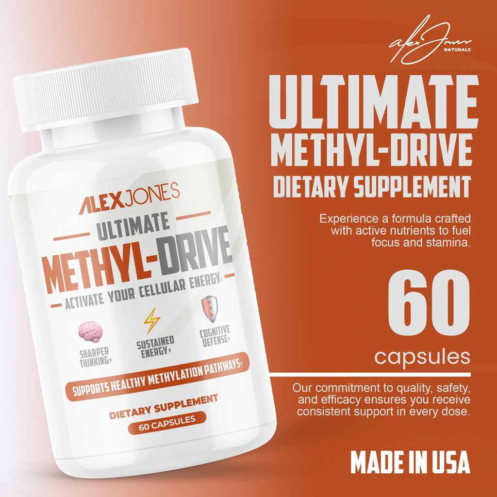 Alex Jones Naturals Methyl Drive Vitamin B Methylated Complex Formula – Mitochondrial Support Supplement w/ CoQ10, PQQ Supplement, Magnesium, B Methylated Complex & BioPerine – 60 Capsules - TrustMedUSA