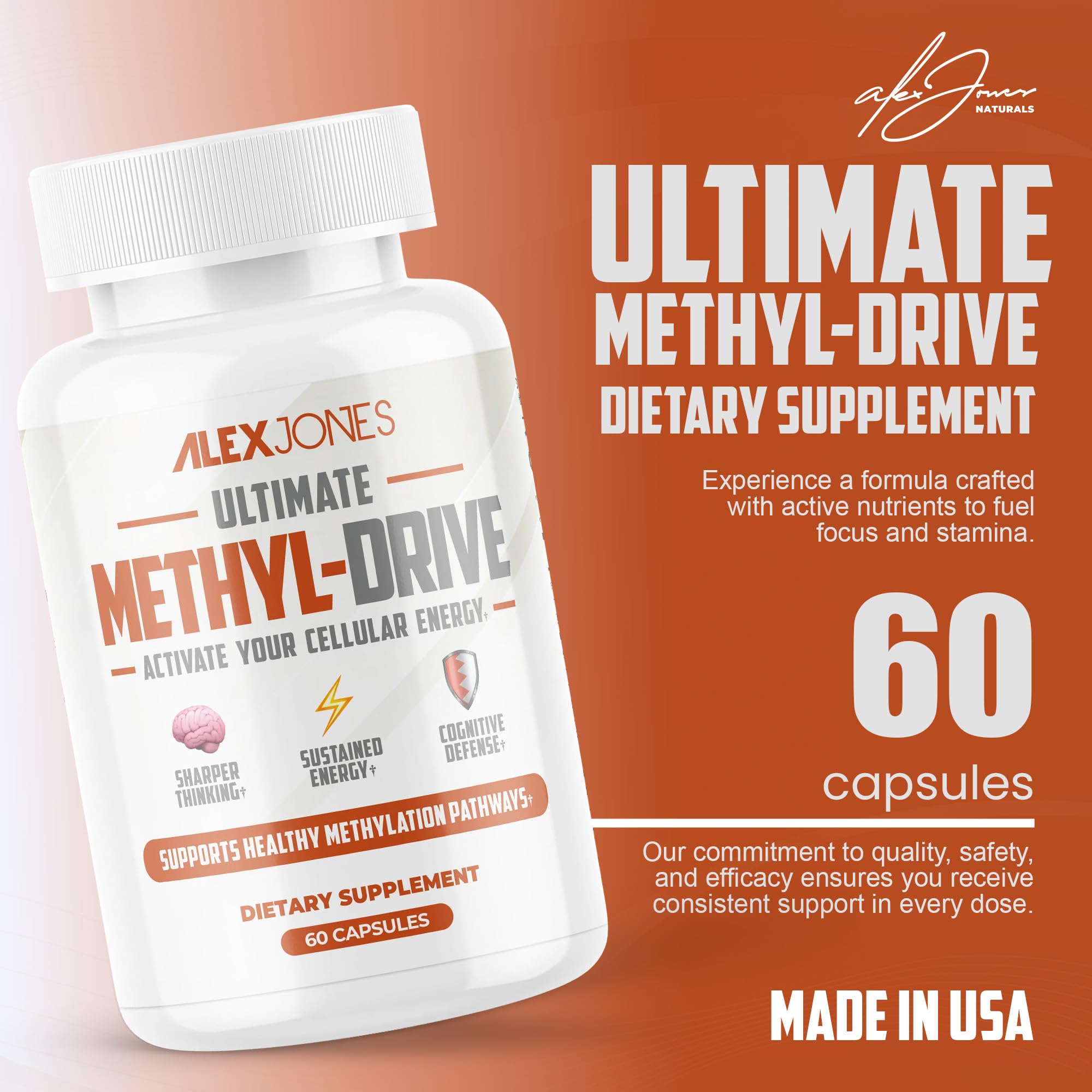 Alex Jones Naturals Methyl Drive Vitamin B Methylated Complex Formula – Mitochondrial Support Supplement w/ CoQ10, PQQ Supplement, Magnesium, B Methylated Complex & BioPerine – 60 Capsules - TrustMedUSA