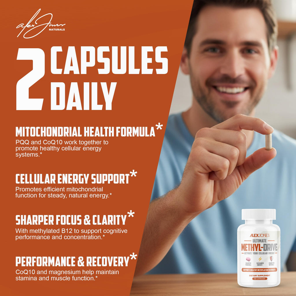 Alex Jones Naturals Methyl Drive Vitamin B Methylated Complex Formula – Mitochondrial Support Supplement w/ CoQ10, PQQ Supplement, Magnesium, B Methylated Complex & BioPerine – 60 Capsules - TrustMedUSA