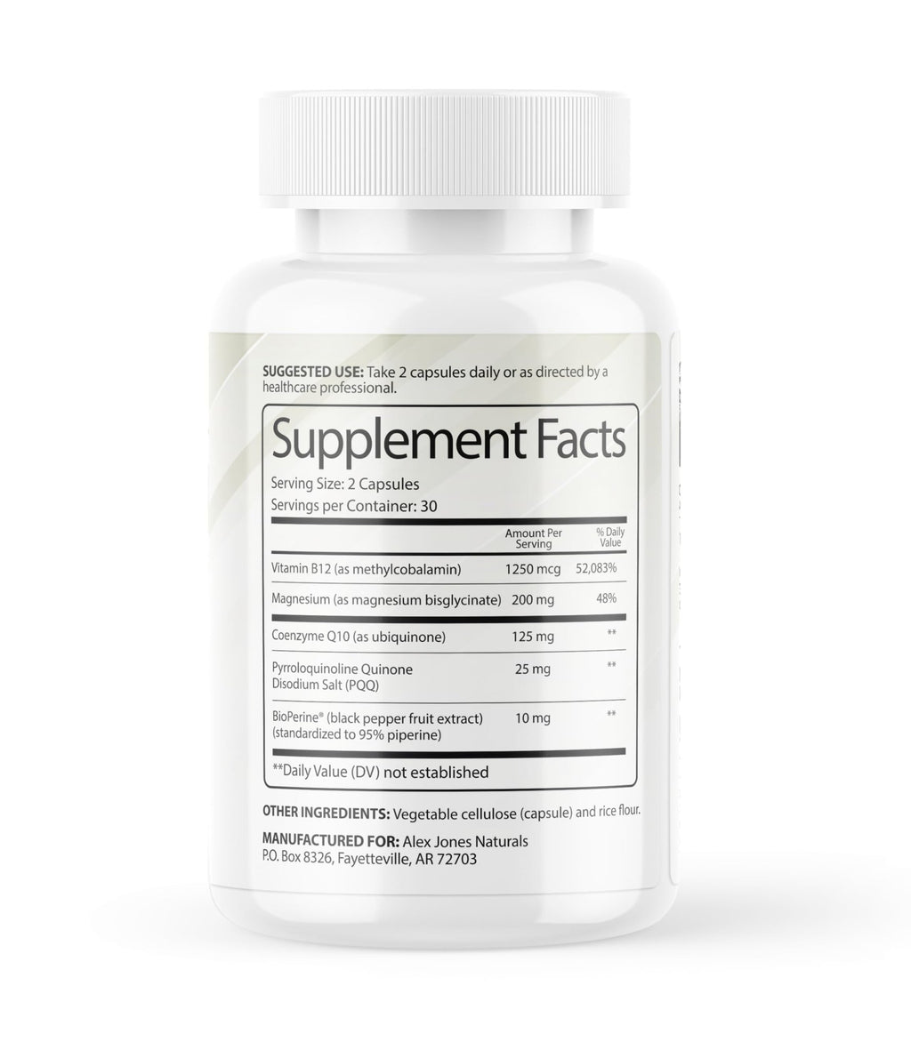 Alex Jones Naturals Methyl Drive Vitamin B Methylated Complex Formula – Mitochondrial Support Supplement w/ CoQ10, PQQ Supplement, Magnesium, B Methylated Complex & BioPerine – 60 Capsules - TrustMedUSA