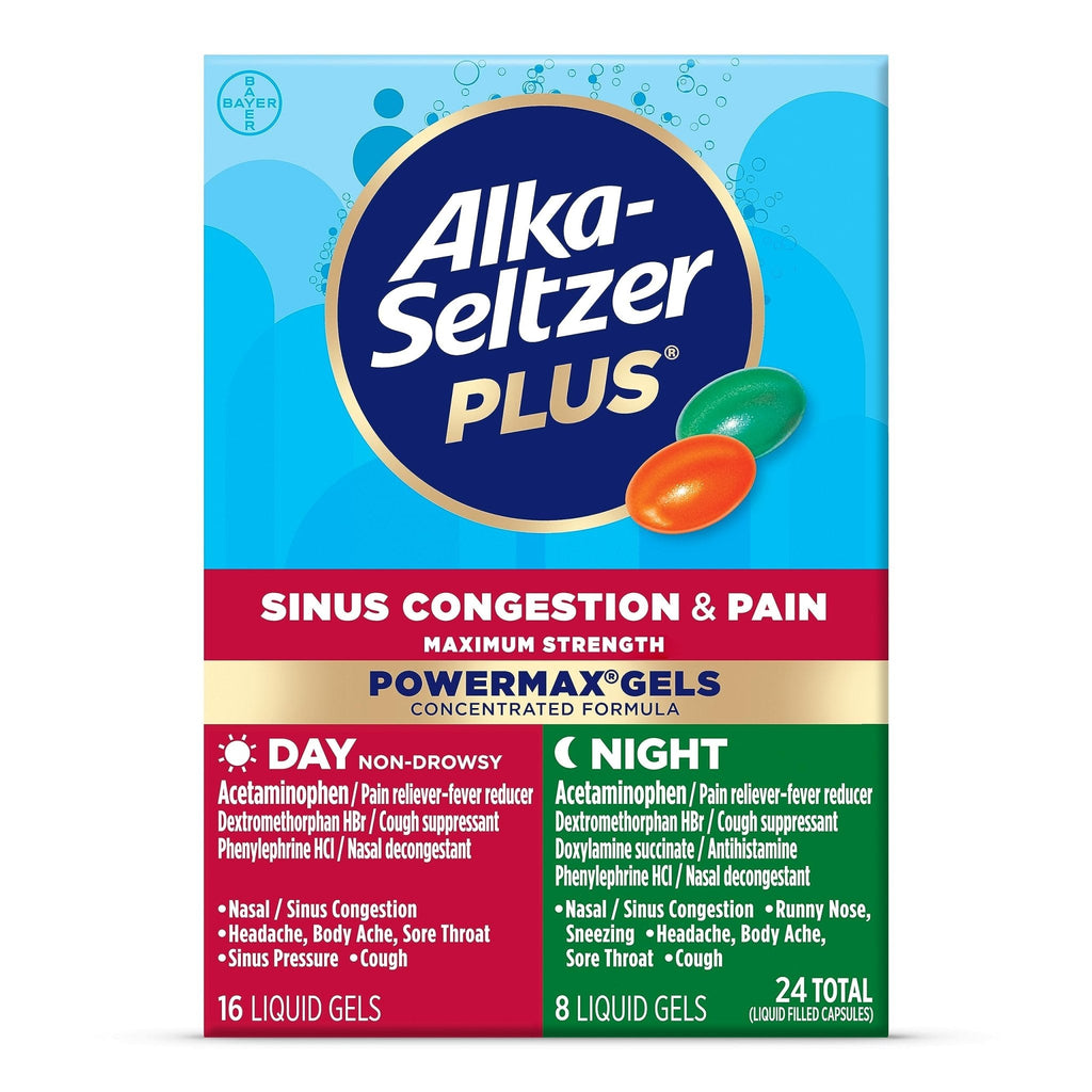 Alka-Seltzer Plus Maximum Strength PowerMax Sinus Congestion & Pain Medicine, Day + Night Liquid Gels - Powerful Relief for Cold and Flu, + Sinus Congestion for Adults and Children 12+ Years, 24 Count - Maple Wellness Supplements