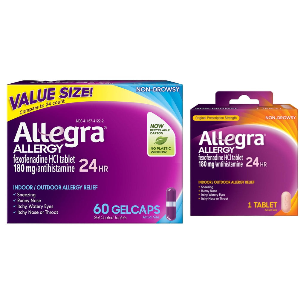 Allegra Adult 24-Hour Allergy Relief Gelcaps, Non-Drowsy Indoor and Outdoor Allergy Medicine, 180 mg Fexofenadine HCI Antihistamine Pill, 60 Count Plus 1 Count Travel Pack - Maple Wellness Supplements