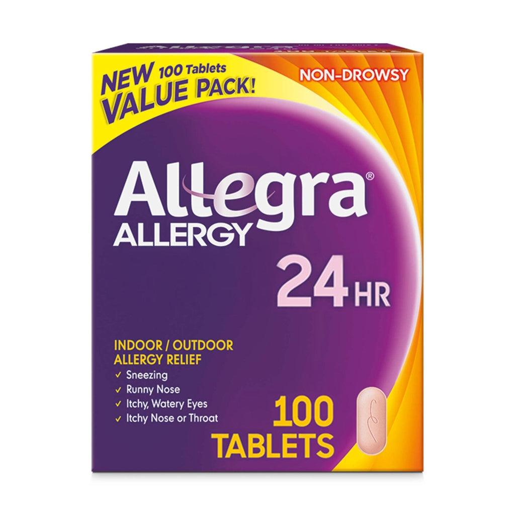 Allegra Adult 24-Hour Allergy Relief Tablets, Non-Drowsy Indoor and Outdoor Allergy Medicine, 180 mg Fexofenadine HCI Antihistamine Pill, 100-Count - Maple Wellness Supplements
