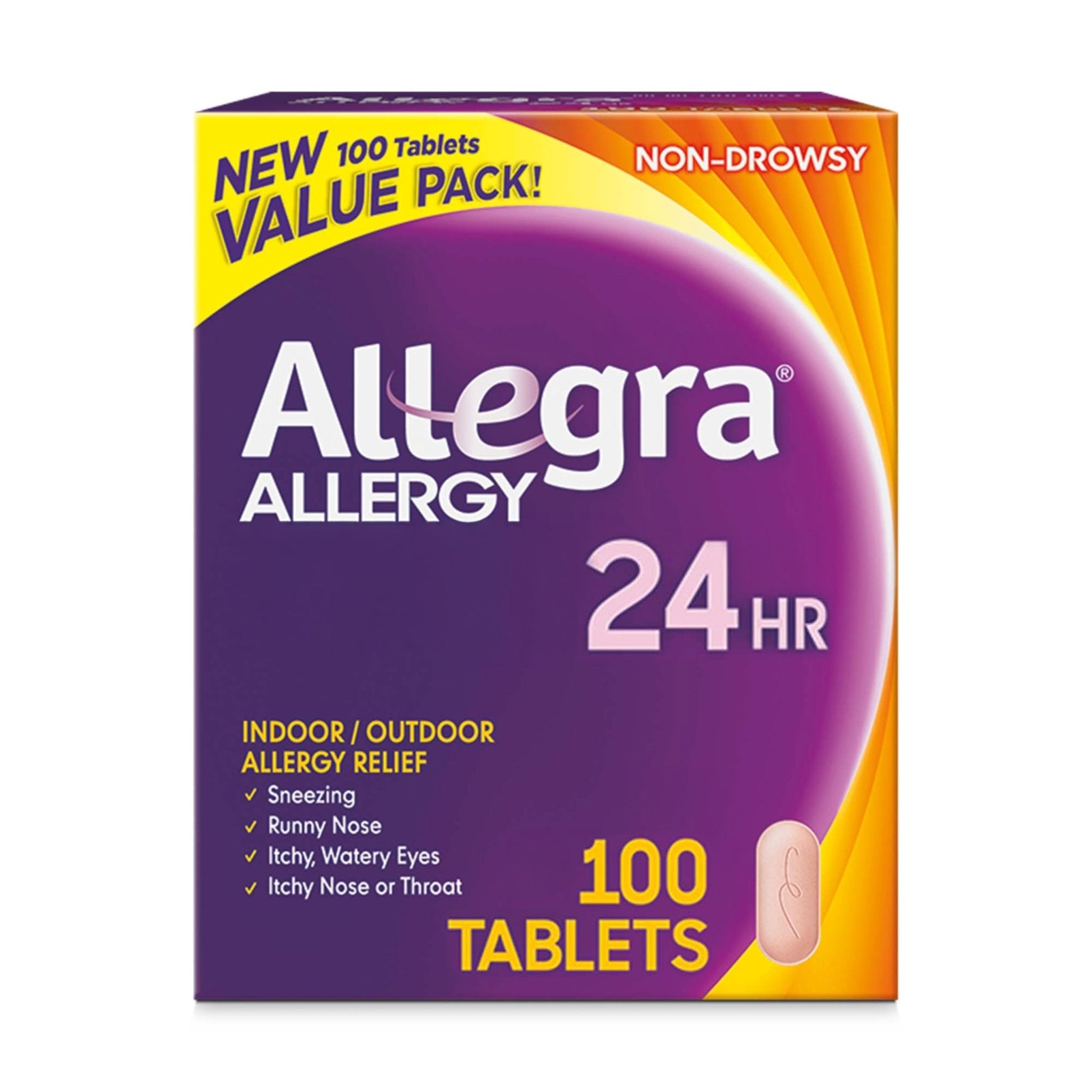 Allegra Adult 24-Hour Allergy Relief Tablets, Non-Drowsy Indoor and Outdoor Allergy Medicine, 180 mg Fexofenadine HCI Antihistamine Pill, 100-Count - Maple Wellness Supplements