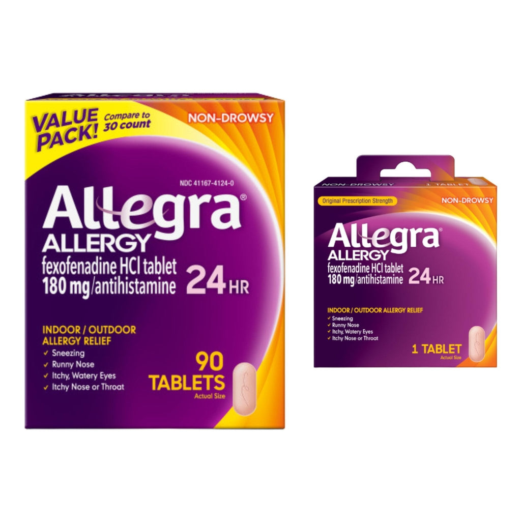 Allegra Adult 24-Hour Allergy Relief Tablets, Non-Drowsy Indoor and Outdoor Allergy Medicine, 180 mg Fexofenadine HCI Antihistamine Pill, 90 Count Plus 1 Count Travel Pack - Maple Wellness Supplements