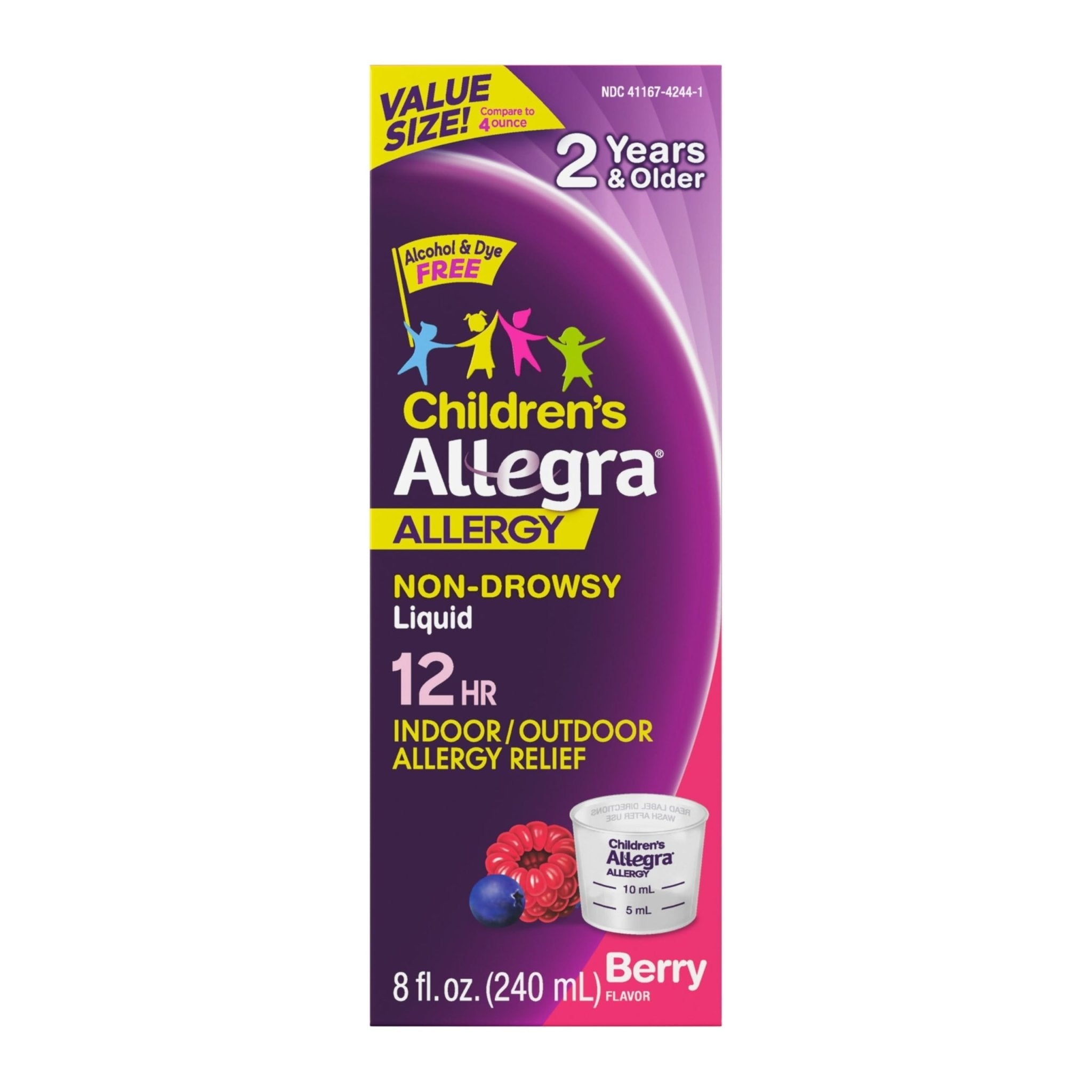 Allegra Children's 12-Hour Allergy Relief Liquid, Non-Drowsy Indoor and Outdoor Allergy Medicine, 30 mg Fexofenadine HCI Antihistamine for Kids, Berry Flavor, 8 oz - Maple Wellness Supplements