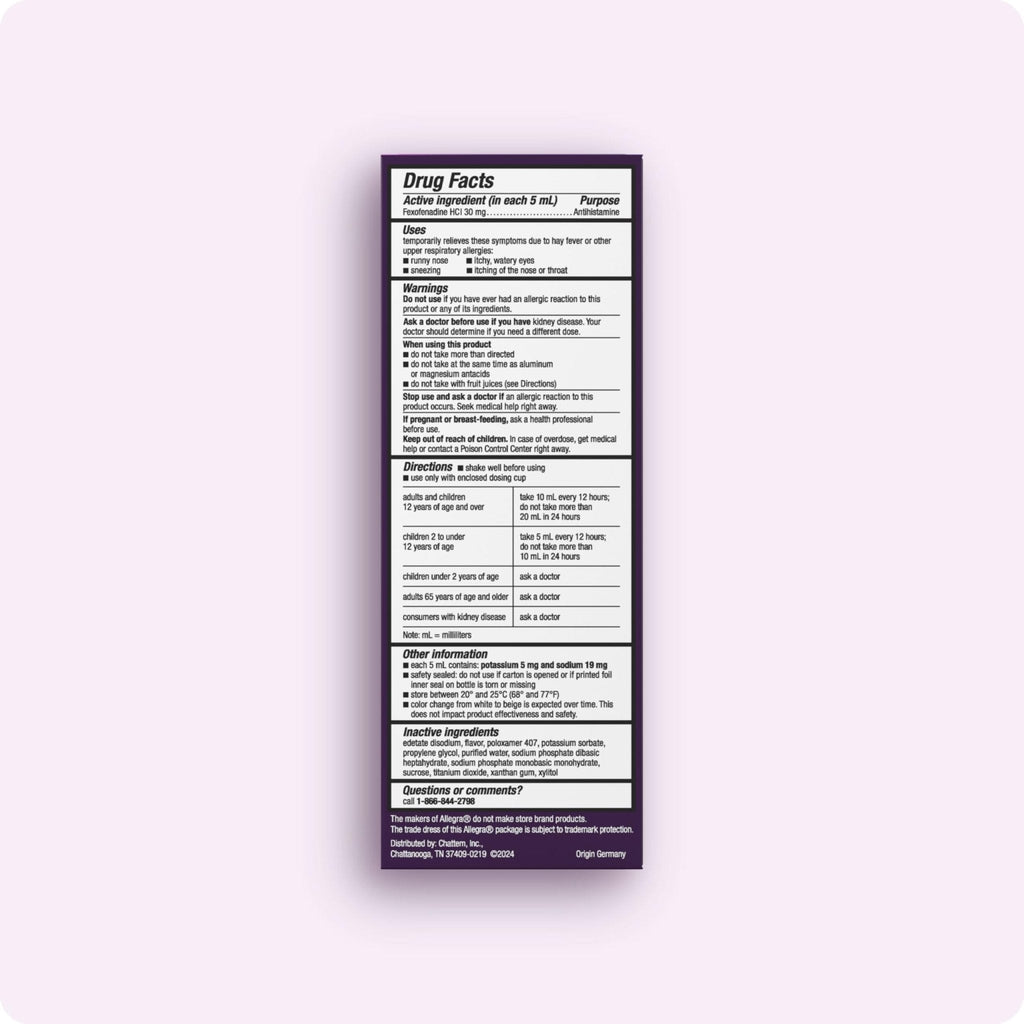 Allegra Children's 12-Hour Allergy Relief Liquid, Non-Drowsy Indoor and Outdoor Allergy Medicine, 30 mg Fexofenadine HCI Antihistamine for Kids, Berry Flavor, 8 oz - Maple Wellness Supplements