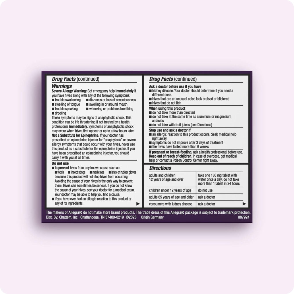 Allegra Hives Antihistamine 24-Hour Tablets, Non-Drowsy Hive Reduction and Hive Itch Relief, 180 mg Fexofenadine HCI, 30-Count - Maple Wellness Supplements