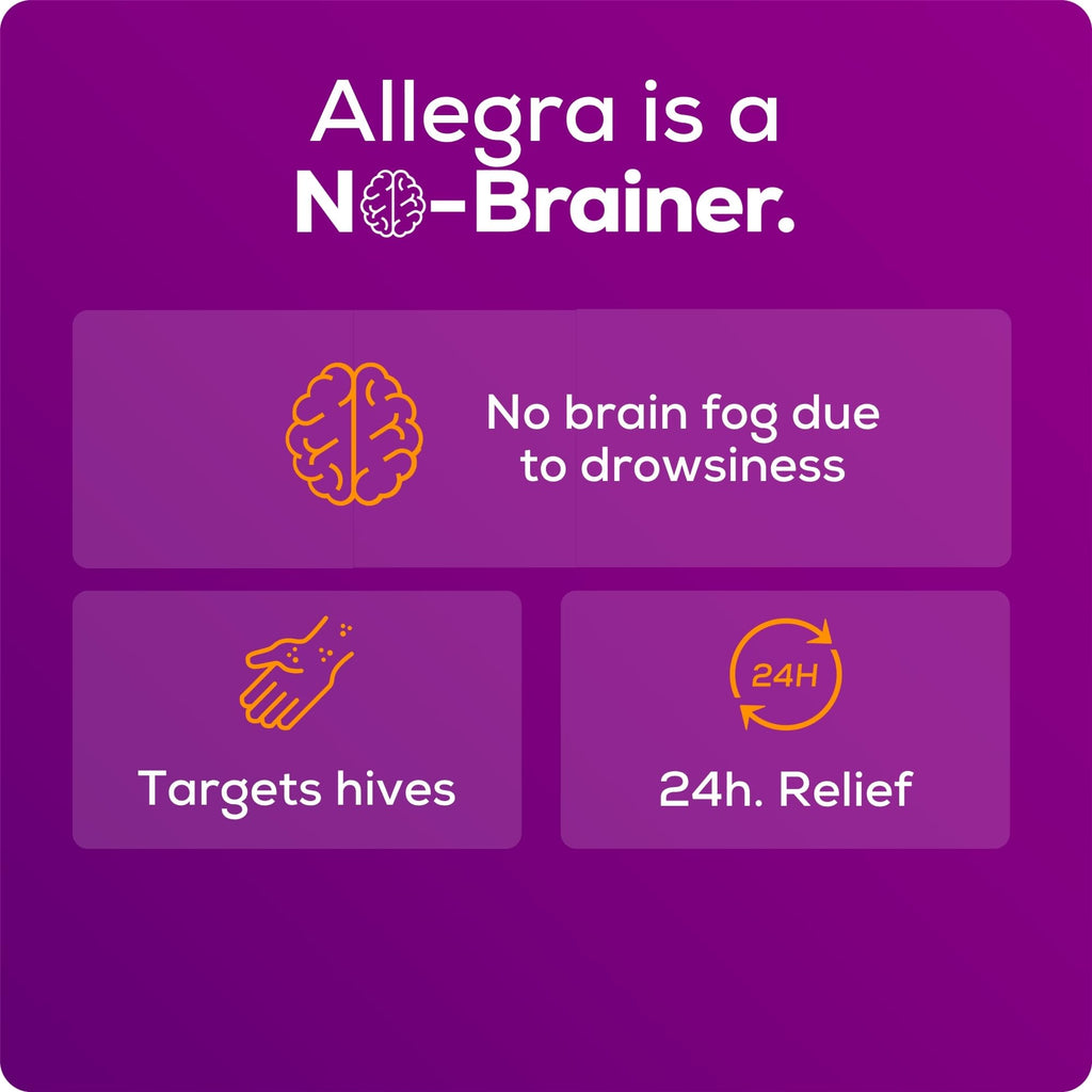Allegra Hives Antihistamine 24-Hour Tablets, Non-Drowsy Hive Reduction and Hive Itch Relief, 180 mg Fexofenadine HCI, 30-Count - Maple Wellness Supplements