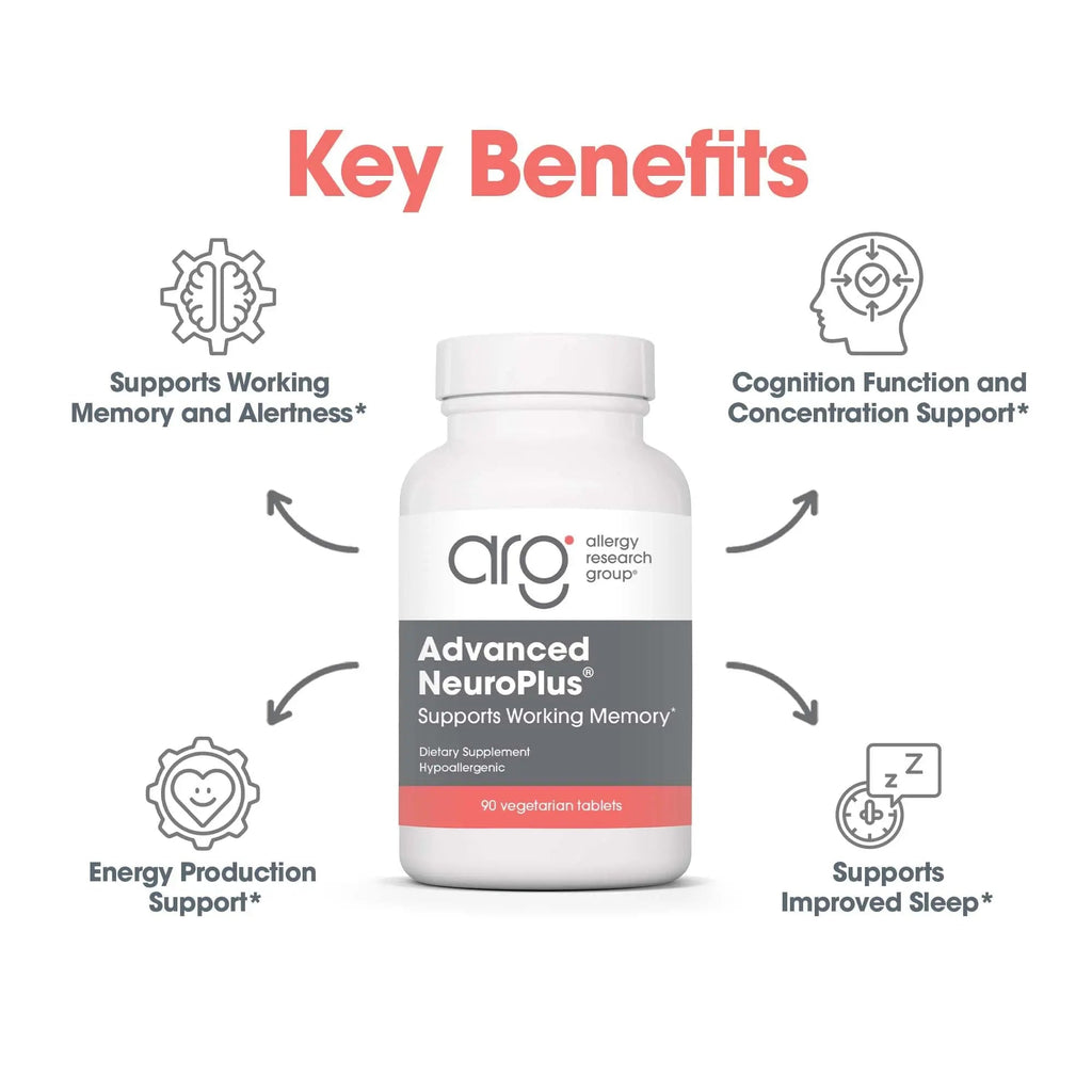 Allergy Research Group Advanced NeuroPlus - Nootropic Formula with Spearmint Extract, Lions Mane & Citicoline - Supports Working Memory Focus & Cognitive Function - 30 Servings - 90 Tablets - TrustMedUSA