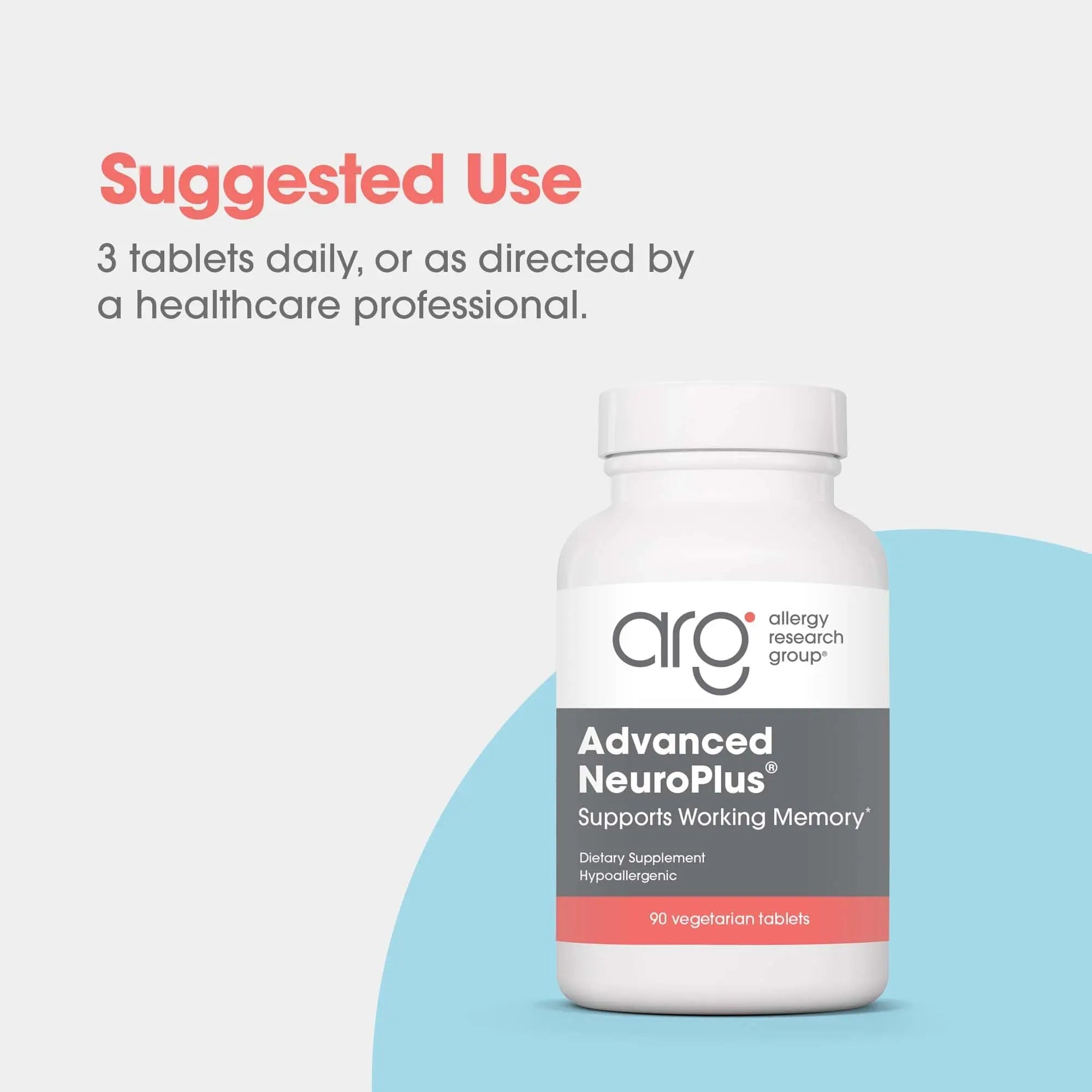 Allergy Research Group Advanced NeuroPlus - Nootropic Formula with Spearmint Extract, Lions Mane & Citicoline - Supports Working Memory Focus & Cognitive Function - 30 Servings - 90 Tablets - TrustMedUSA