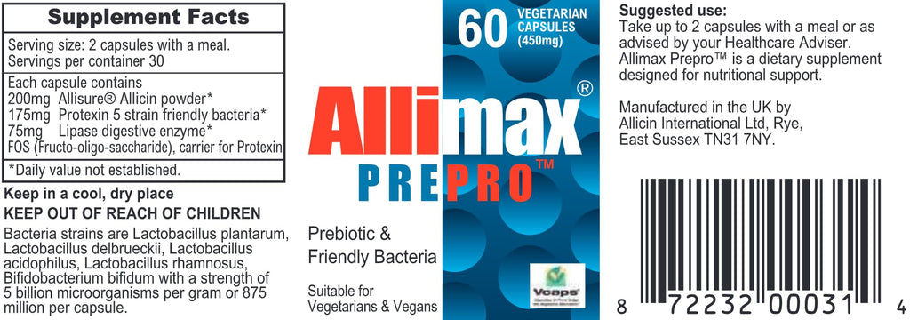 ALLIMAX Pre Pro - 60 Caps. Stabilized allicin Plus prebiotics, probiotics and Digestive enzymes. - TrustMedUSA