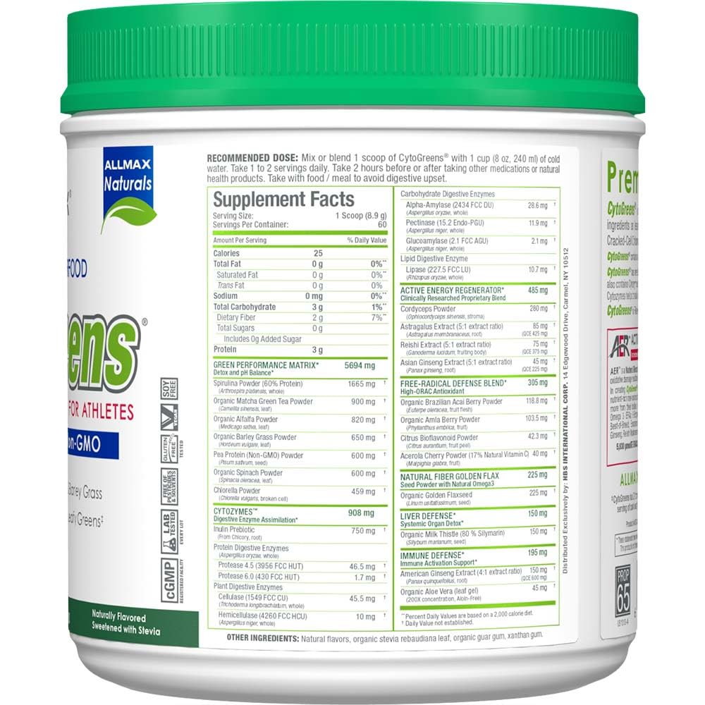 ALLMAX Naturals CytoGreens Super Greens Powder, Premium Green Superfood with Greens, Superfoods, Daily Greens Supplement, Acai Berry Green Tea, 60 Servings - TrustMedUSA