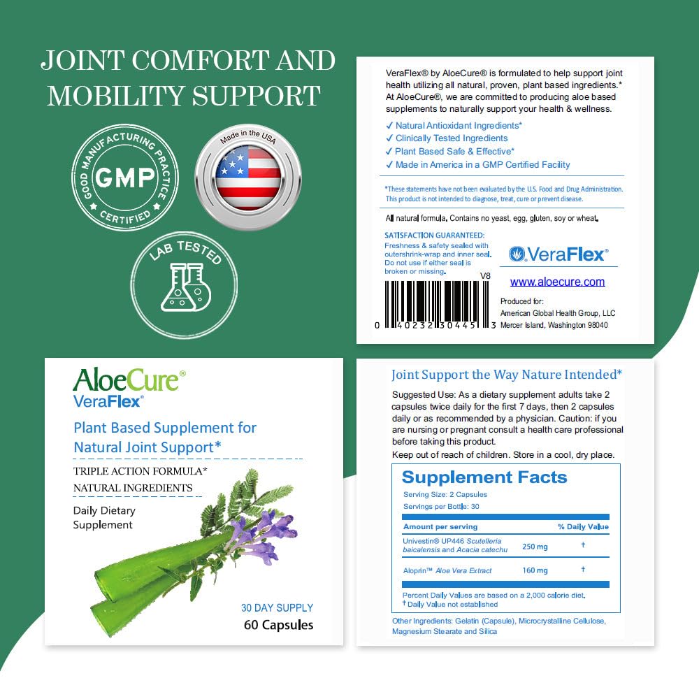 AloeCure VeraFlex Natural Joint Health, 60 Capsules, Clinically Tested Natural Plant-Based Formula to Support Comfort, Mobility and Flexibility - Featuring Organic Aloe Vera - TrustMedUSA