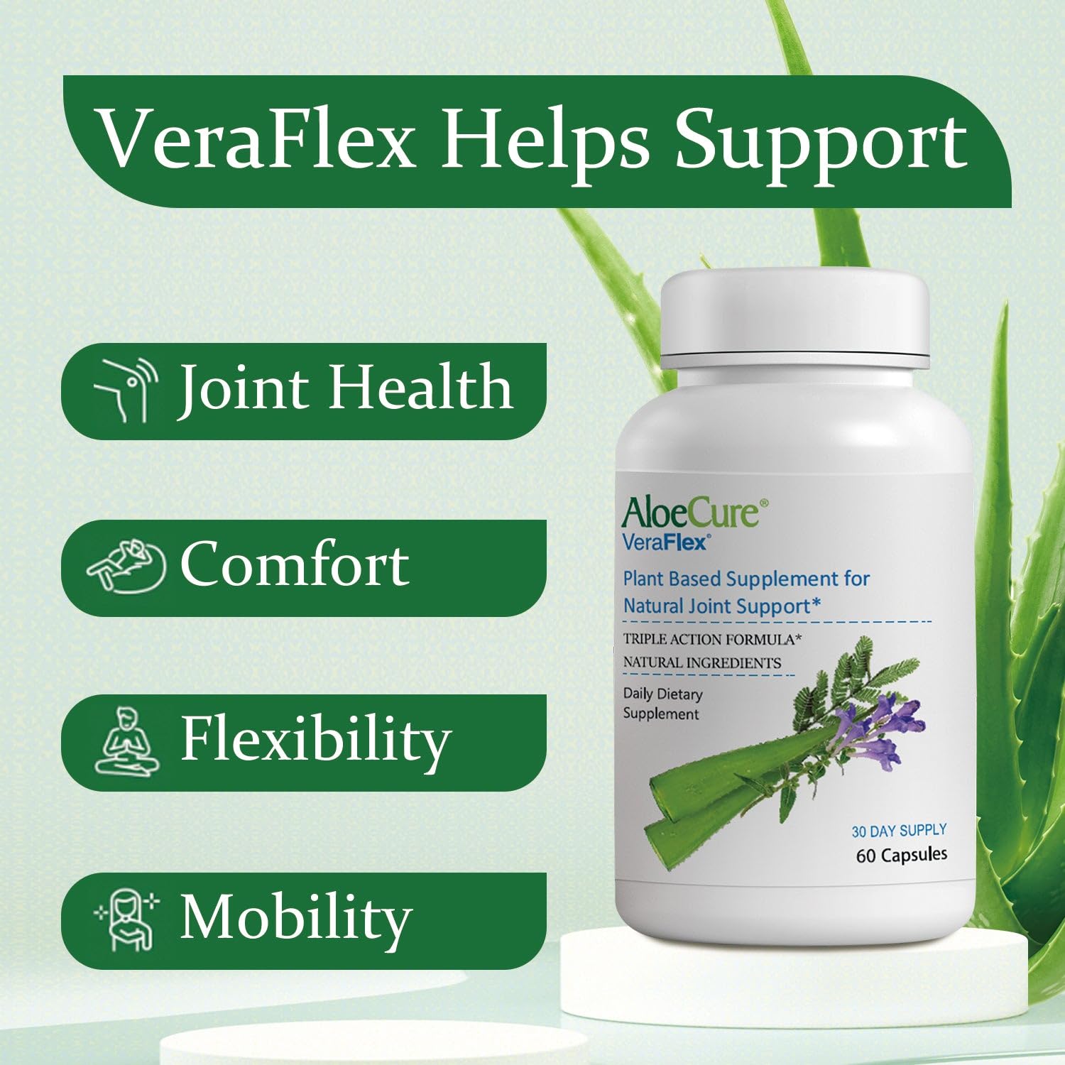 AloeCure VeraFlex Natural Joint Health, 60 Capsules, Clinically Tested Natural Plant-Based Formula to Support Comfort, Mobility and Flexibility - Featuring Organic Aloe Vera, 3-Pack - TrustMedUSA