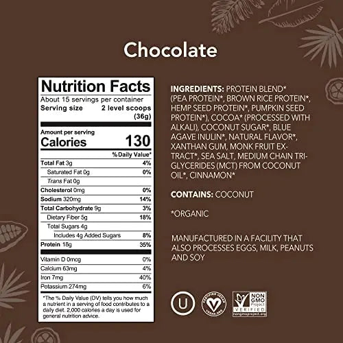 ALOHA Organic Plant Based Protein Powder, Stevia Free, Chocolate, 19.6 oz, 15 Servings - TrustMedUSA