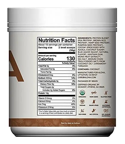 ALOHA Organic Plant Based Protein Powder, Stevia Free, Chocolate, 19.6 oz, 15 Servings - TrustMedUSA