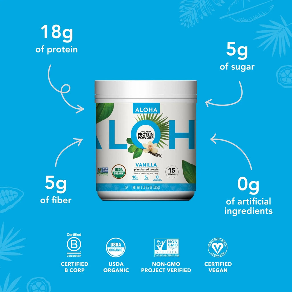 ALOHA Organic Plant Based Protein Powder, Stevia Free, Vanilla, 19.6 oz, 15 Servings PACKAGING MAY VARY - TrustMedUSA