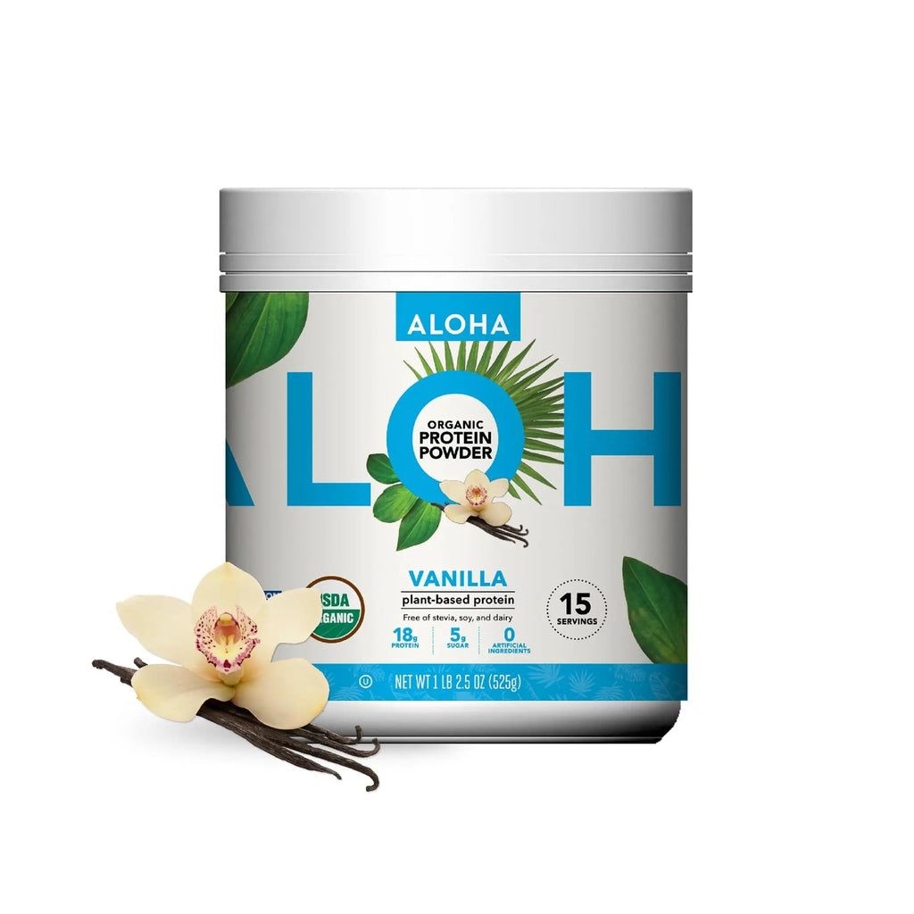 ALOHA Organic Plant Based Protein Powder, Stevia Free, Vanilla, 19.6 oz, 15 Servings PACKAGING MAY VARY - TrustMedUSA