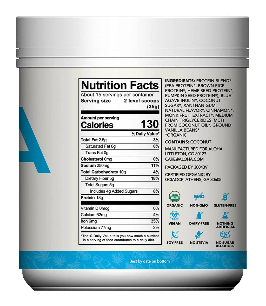 ALOHA Organic Plant Based Protein Powder, Stevia Free, Vanilla, 19.6 oz, 15 Servings PACKAGING MAY VARY - TrustMedUSA