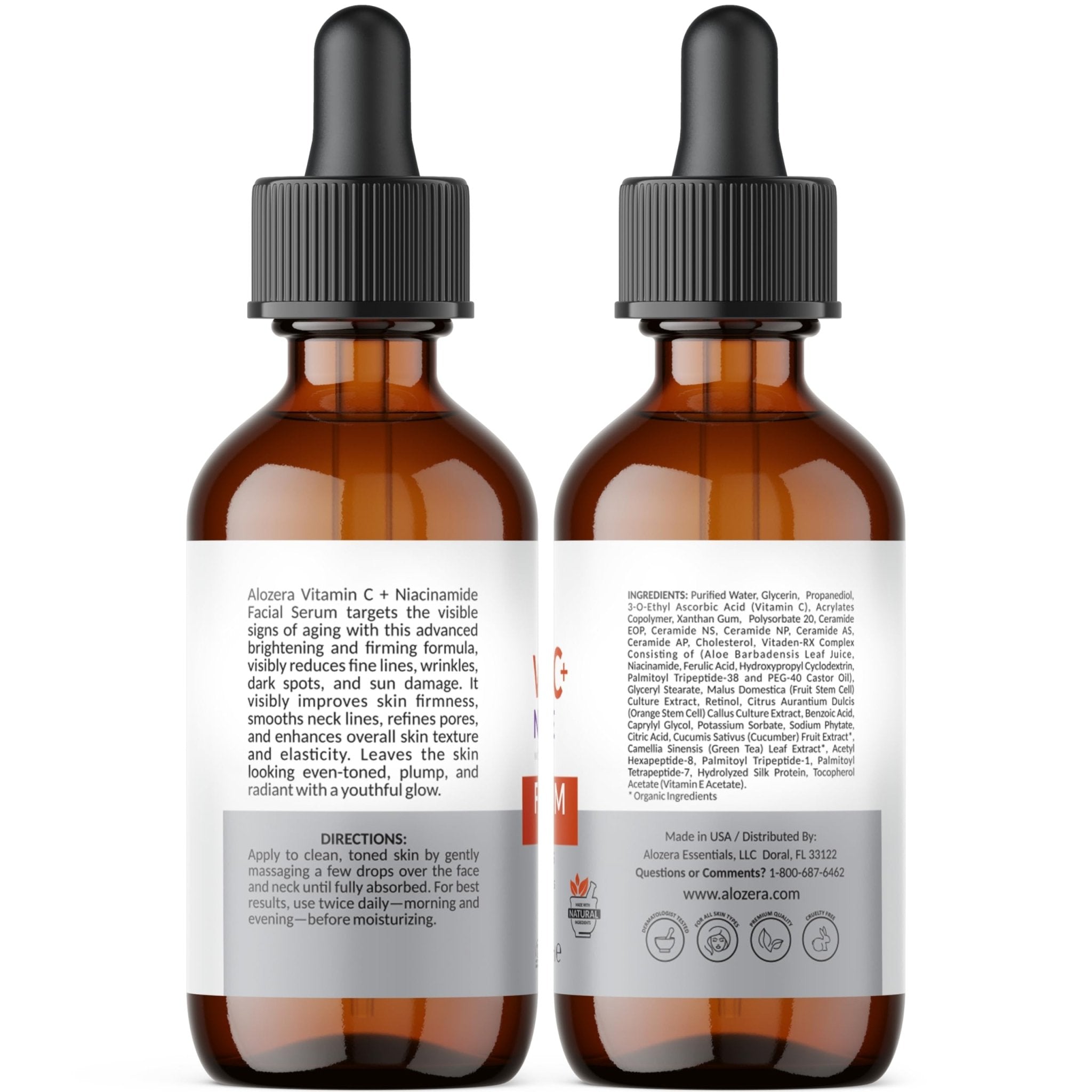 Alozera Vitamin C Facial Serum with Niacinamide & Ferulic Acid, Anti-Aging Serum for Visible Brightening, Glowing & Radiant Skin, Concentrated, Gentle & Effective, Day & Night - Maple Wellness Supplements