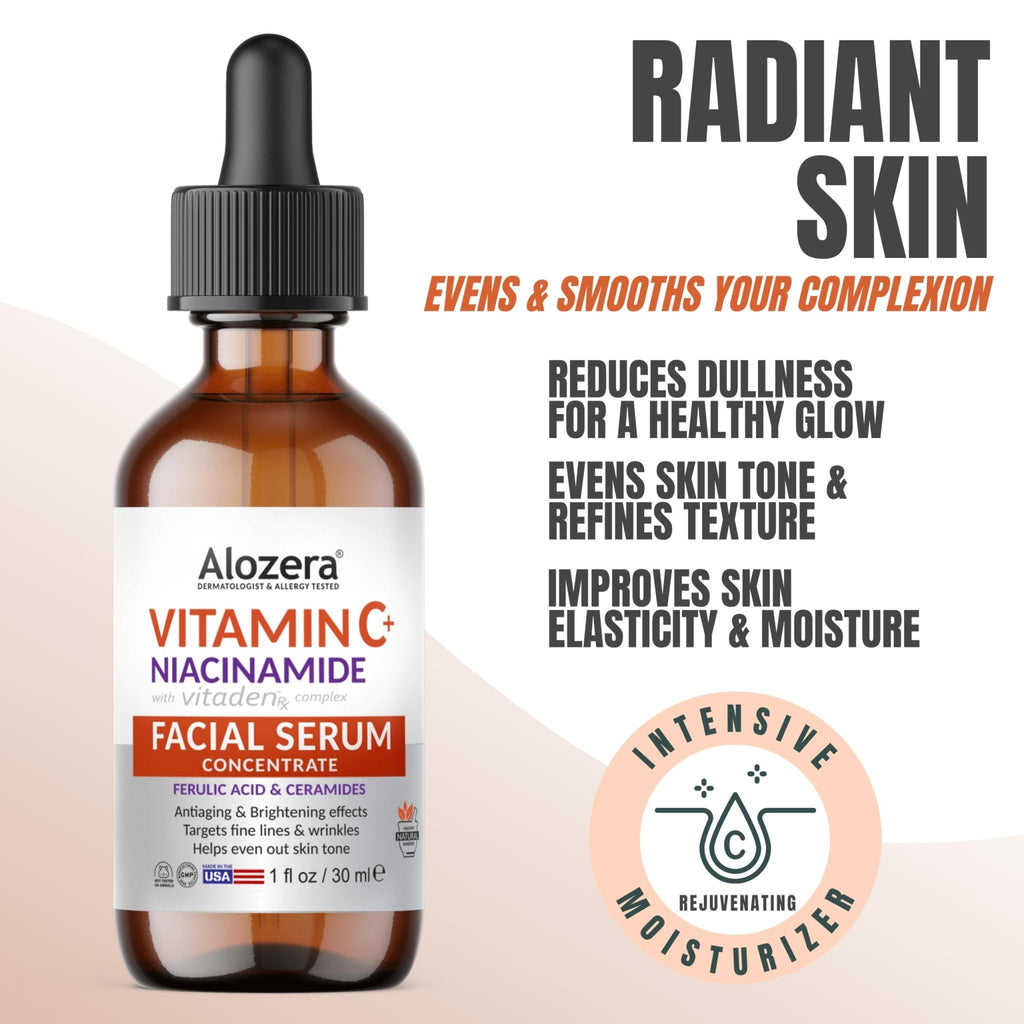Alozera Vitamin C Facial Serum with Niacinamide & Ferulic Acid, Anti-Aging Serum for Visible Brightening, Glowing & Radiant Skin, Concentrated, Gentle & Effective, Day & Night - Maple Wellness Supplements