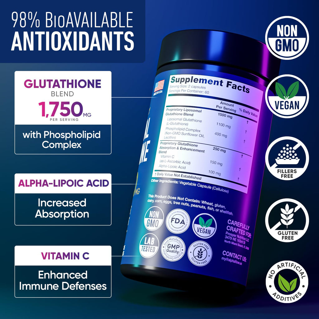 Alpha Flow (2 Pack) Liposomal Glutathione 1100mg – High Absorption Glutathione Supplement with Vitamin C, ALA & Phospholipid Complex – Liver Function, Skin & Immune Support – 240 Vegan Capsules - TrustMedUSA