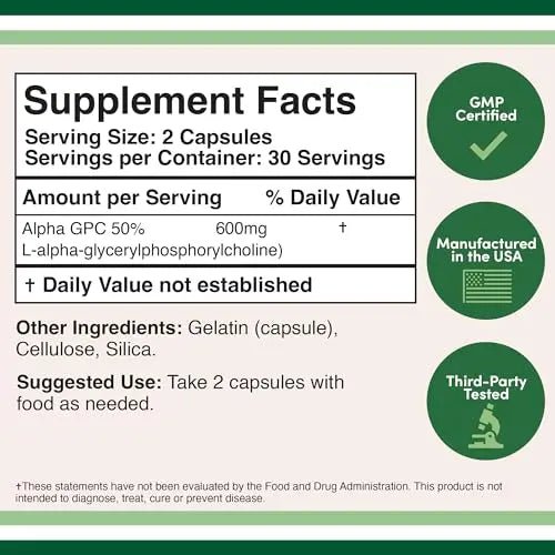 Alpha GPC Choline 600mg Capsules - Brain Support Supplement for Focus, Memory - TrustMedUSA