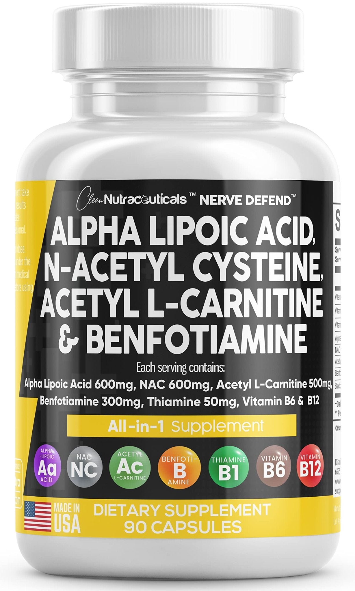 Alpha Lipoic Acid 600mg N-Acetyl Cysteine 600mg Acetyl L-Carnitine 500mg Benfotiamine 300mg - Nerve Support Supplement for Women and Men with Vitamin B1 B6 & B12 - Made in USA 90 Caps - TrustMedUSA