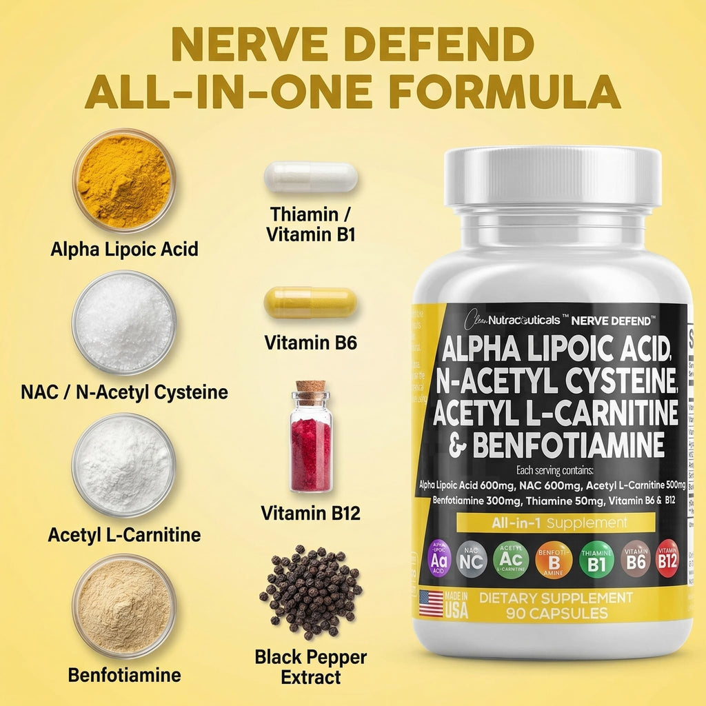 Alpha Lipoic Acid 600mg N-Acetyl Cysteine 600mg Acetyl L-Carnitine 500mg Benfotiamine 300mg - Nerve Support Supplement for Women and Men with Vitamin B1 B6 & B12 - Made in USA 90 Caps - TrustMedUSA