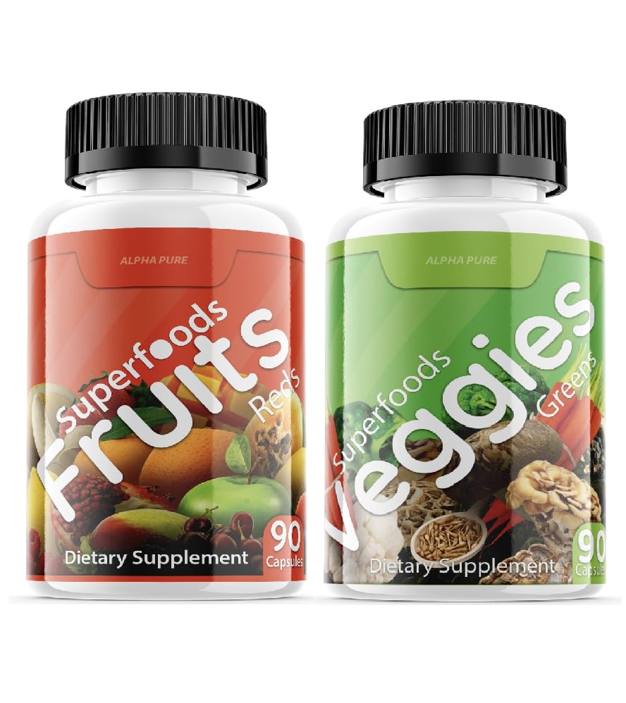 Alpha Pure Superfoods Reds Fruits and Greens 180 Capsules Vegetables Fruits and Veggies Superfood | Natural Balance of 90 Fruit Capsules, 90 Veggie Capsules for Men, Women Vitamins and Minerals - TrustMedUSA