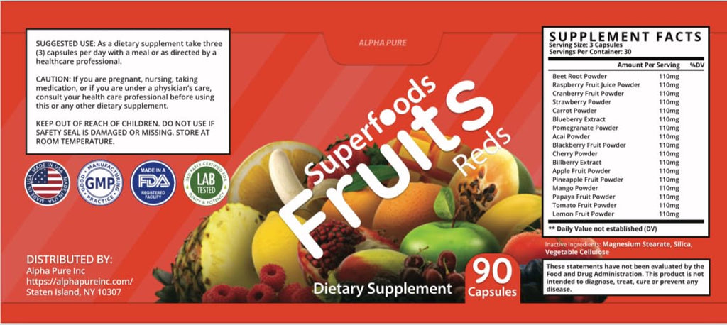 Alpha Pure Superfoods Reds Fruits and Greens 180 Capsules Vegetables Fruits and Veggies Superfood | Natural Balance of 90 Fruit Capsules, 90 Veggie Capsules for Men, Women Vitamins and Minerals - TrustMedUSA