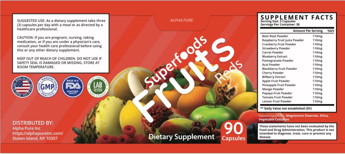 Alpha Pure Superfoods Reds Fruits and Greens 180 Capsules Vegetables Fruits and Veggies Superfood | Natural Balance of 90 Fruit Capsules, 90 Veggie Capsules for Men, Women Vitamins and Minerals - TrustMedUSA