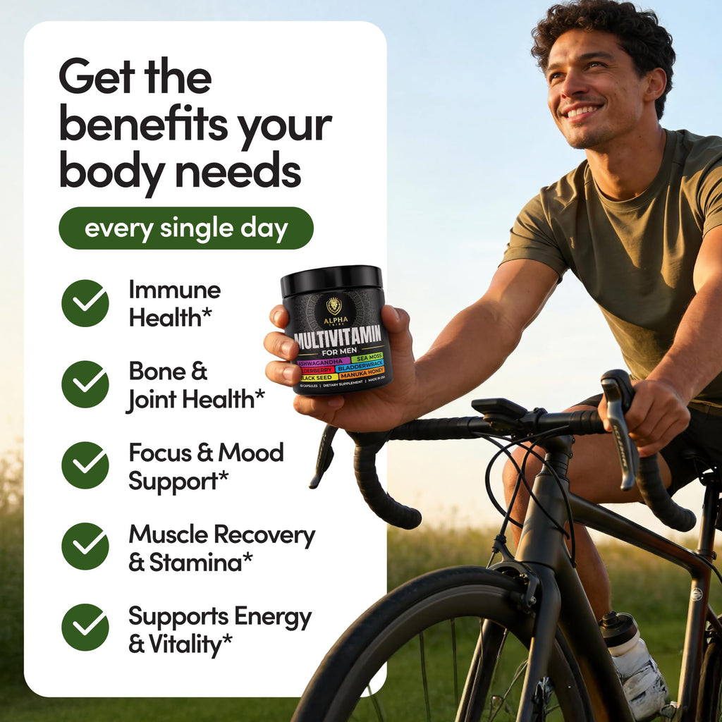 Alpha Tribe Multivitamin for Men & Organizer w/Seamoss Black Seed Oil Ashwagandha Burdock Root Turmeric Bladderwrack Vitamin C | Daily Men's Vitamins & Minerals Supplement | 60 Count - TrustMedUSA