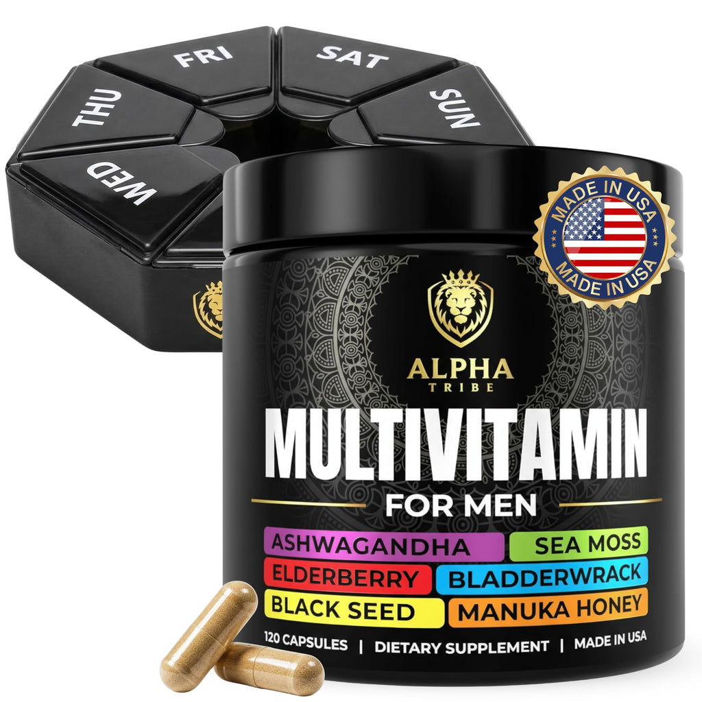 Alpha Tribe Multivitamin for Men & Organizer w/Seamoss Black Seed Oil Ashwagandha Burdock Root Turmeric Bladderwrack Vitamin C | Daily Men's Vitamins & Minerals Supplement | 60 Count - TrustMedUSA