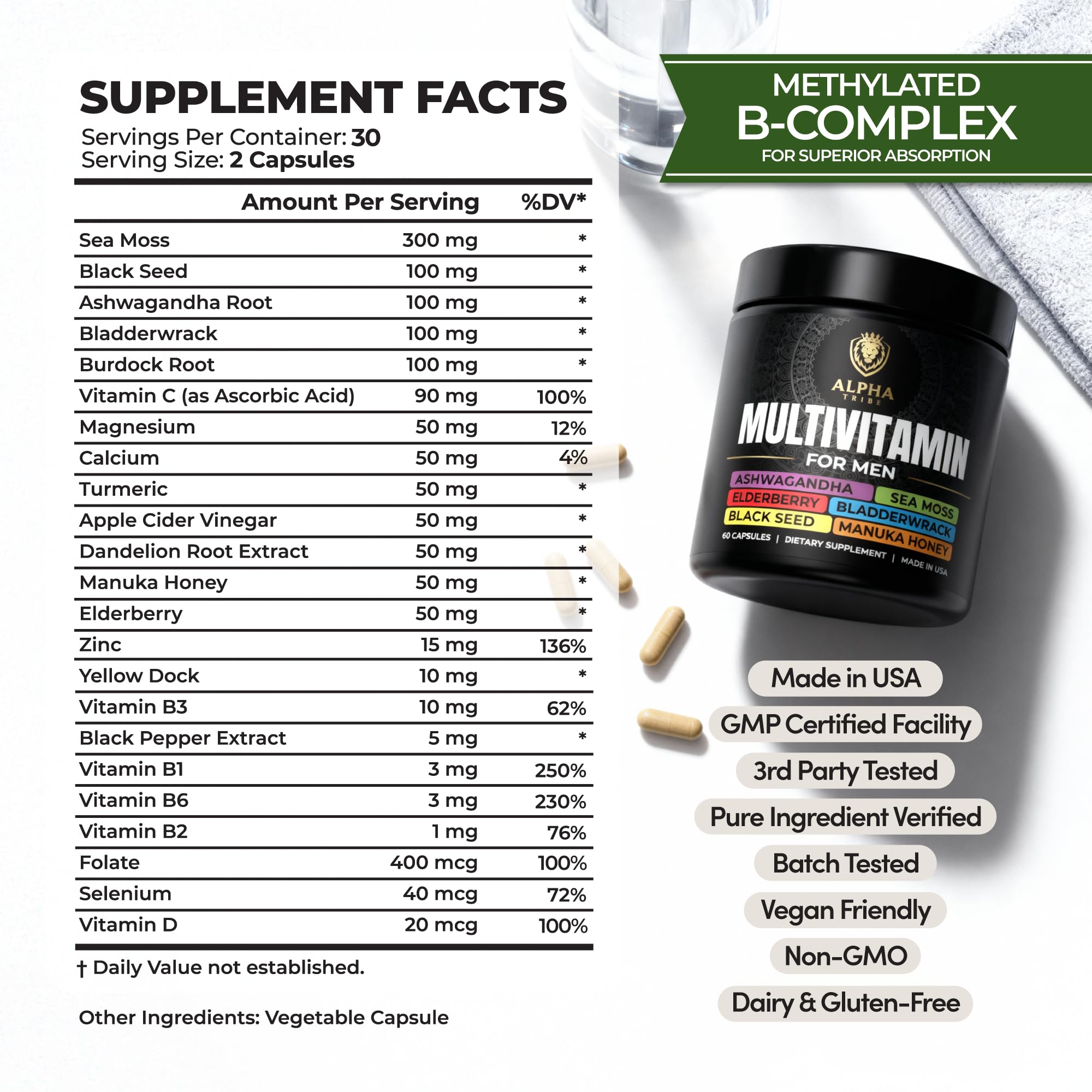 Alpha Tribe Multivitamin for Men & Organizer w/Seamoss Black Seed Oil Ashwagandha Burdock Root Turmeric Bladderwrack Vitamin C | Daily Men's Vitamins & Minerals Supplement | 60 Count - TrustMedUSA