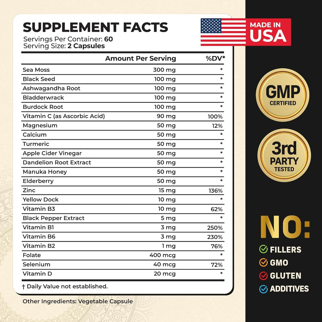 Alpha Tribe Multivitamin for Men with Sea Moss, Black Seed Oil, Ashwagandha, Turmeric, Bladderwrack, Burdock, Vitamin C, Elderberry, Manuka | Daily Vitamins & Minerals Supplement Capsules - 240 Count - TrustMedUSA
