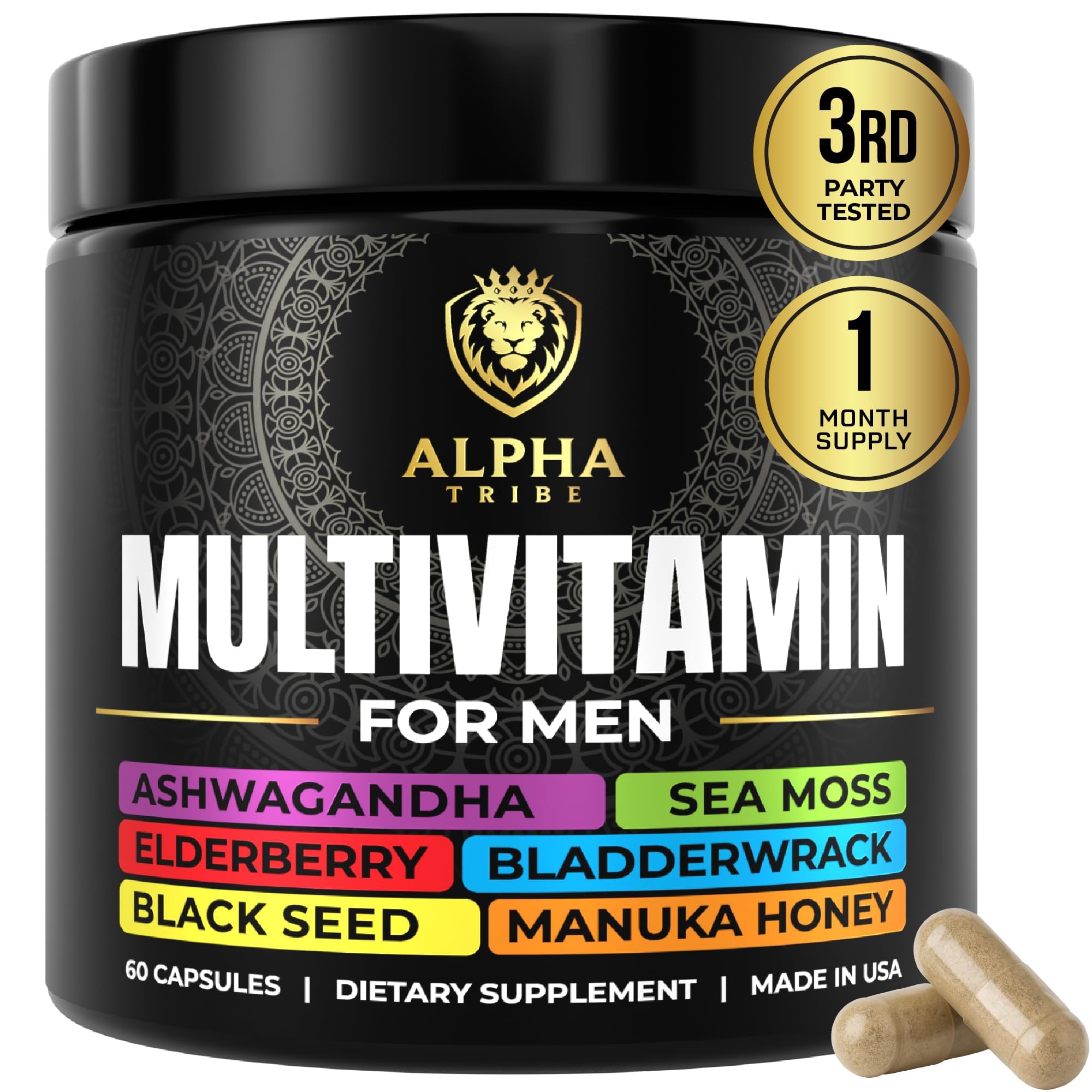 Alpha Tribe Multivitamin for Men with Seamoss Black Seed Oil Ashwagandha Burdock Root, Turmeric Bladderwrack, Vitamin C, Elderberry, Manuka, Yellow Dock | Daily Men's Vitamins and Minerals Supplement - TrustMedUSA