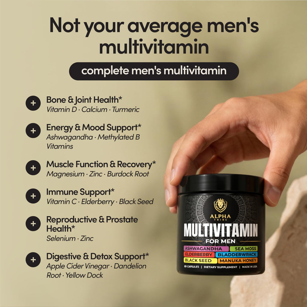 Alpha Tribe Multivitamin for Men with Seamoss Black Seed Oil Ashwagandha Burdock Root, Turmeric Bladderwrack, Vitamin C, Elderberry, Manuka, Yellow Dock | Daily Men's Vitamins and Minerals Supplement - TrustMedUSA