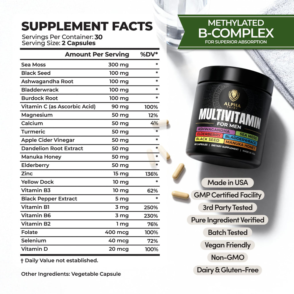 Alpha Tribe Multivitamin for Men with Seamoss Black Seed Oil Ashwagandha Burdock Root, Turmeric Bladderwrack, Vitamin C, Elderberry, Manuka, Yellow Dock | Daily Men's Vitamins and Minerals Supplement - TrustMedUSA