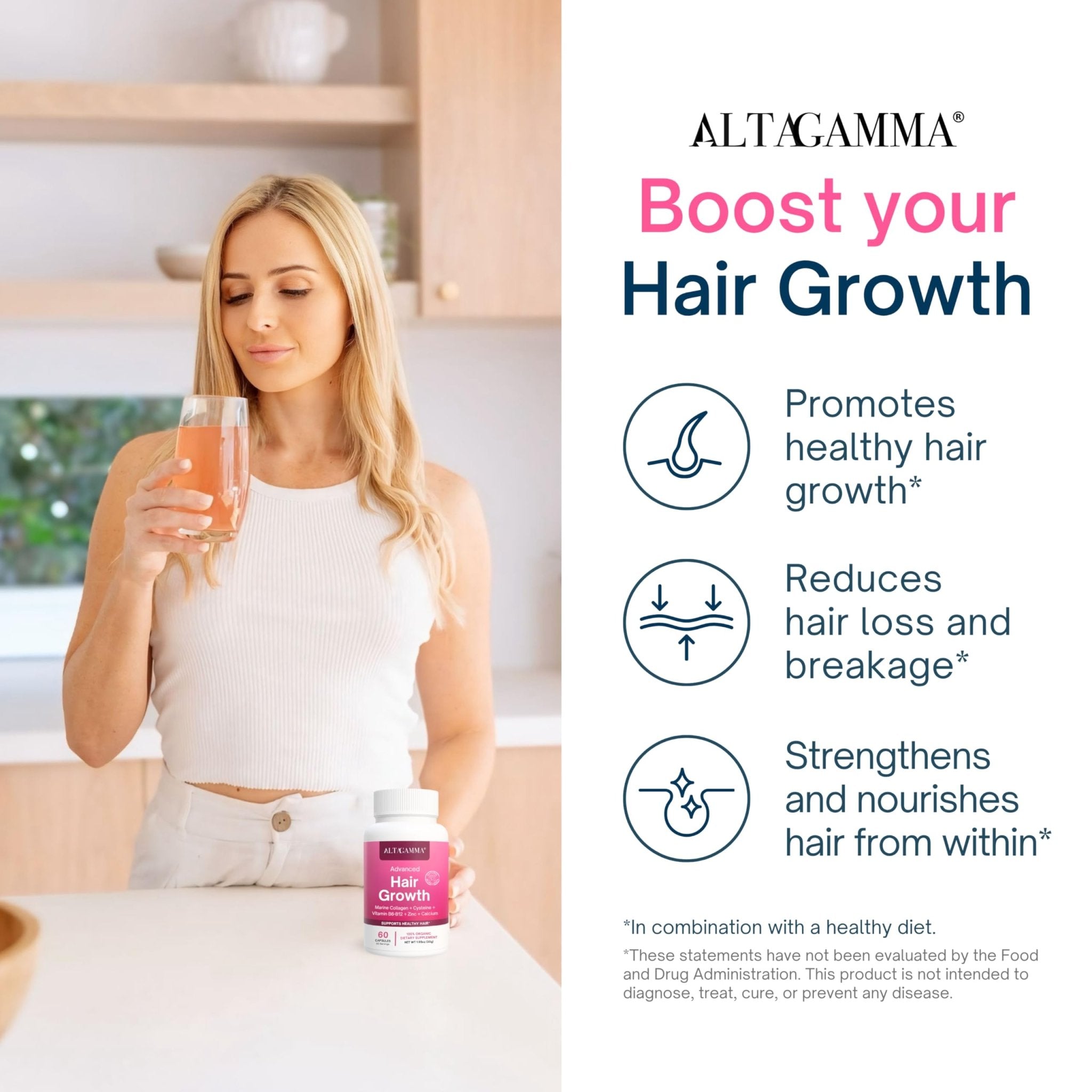 ALTAGAMMA Hair Growth Supplements - Nourishes Thinning, Strengthen Nails & Skin & Combat Hair Loss - Hair Growth Vitamins for Women & Men with Marine Collagen Peptides, 60 Capsules | 30 Day Supply - TrustMedUSA