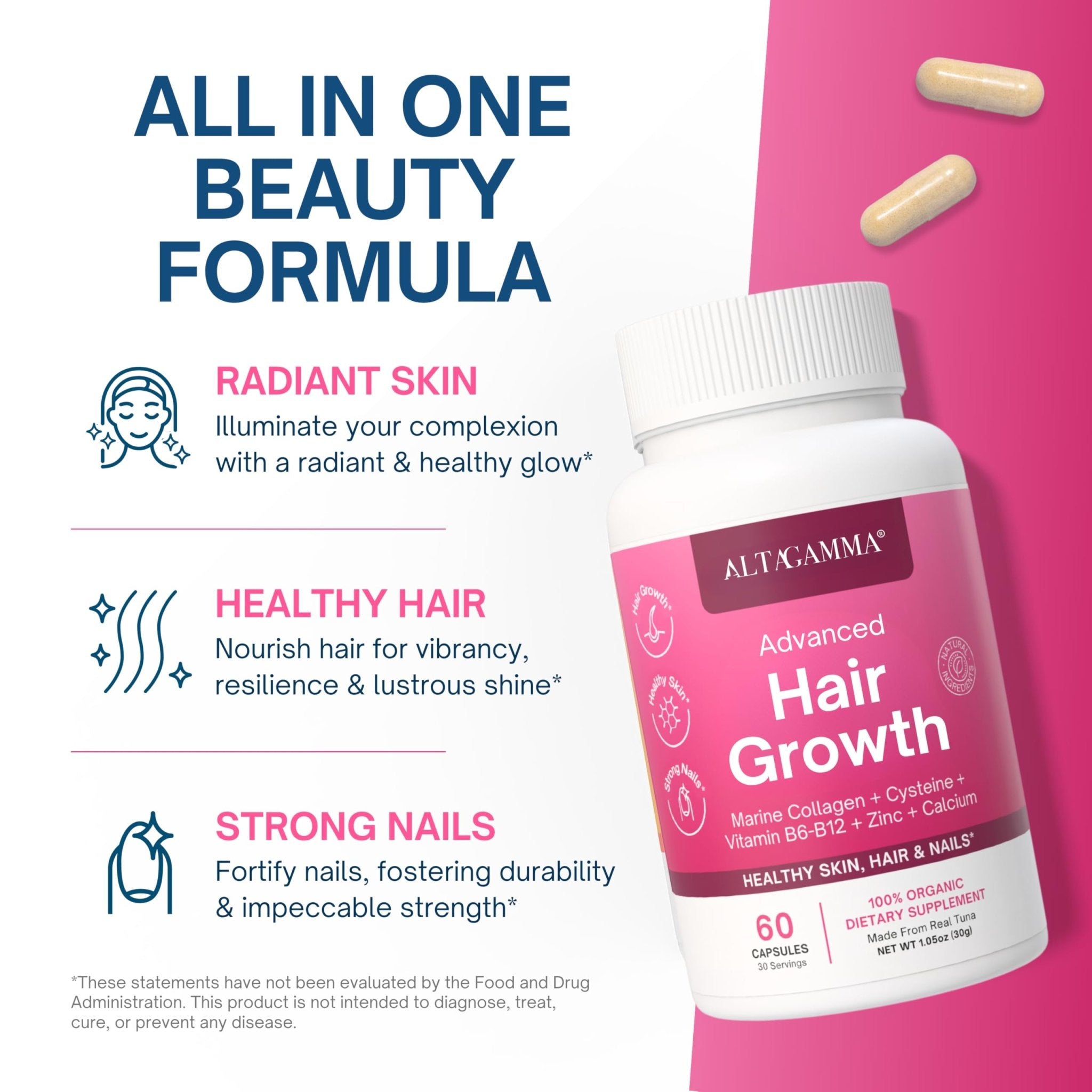 ALTAGAMMA Hair Growth Supplements - Nourishes Thinning, Strengthen Nails & Skin & Combat Hair Loss - Hair Growth Vitamins for Women & Men with Marine Collagen Peptides, 60 Capsules | 30 Day Supply - TrustMedUSA