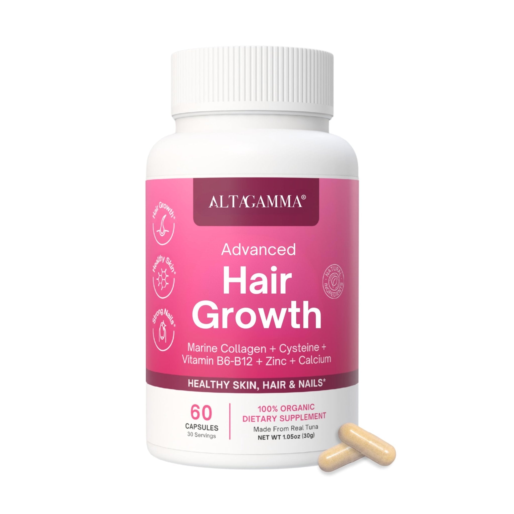 ALTAGAMMA Hair Growth Supplements - Nourishes Thinning, Strengthen Nails & Skin & Combat Hair Loss - Hair Growth Vitamins for Women & Men with Marine Collagen Peptides, 60 Capsules | 30 Day Supply - TrustMedUSA