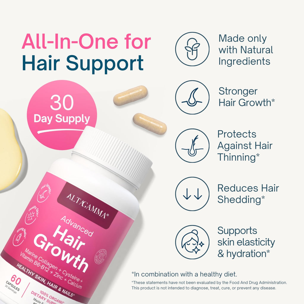 ALTAGAMMA Hair Growth Supplements - Nourishes Thinning, Strengthen Nails & Skin & Combat Hair Loss - Hair Growth Vitamins for Women & Men with Marine Collagen Peptides, 60 Capsules | 30 Day Supply - TrustMedUSA