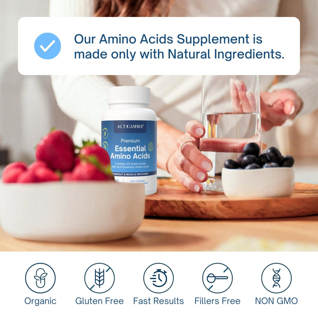 ALTAGAMMA Pure Amino Acids Complex - Protein for Pre/Post Workout, Energy & Muscle Recovery - 9 Essential Amino Acids Supplement (EAA) & BCAAs - Leucine, Lysine, L Tyrosine, L Arginine, 60 Capsules - TrustMedUSA